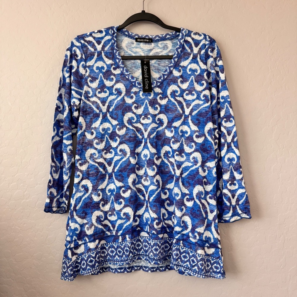 NWT David Cline Large Tunic Blue 3/4 Sleeve Ikat Scroll VNeck Crushed Rib 9731TV